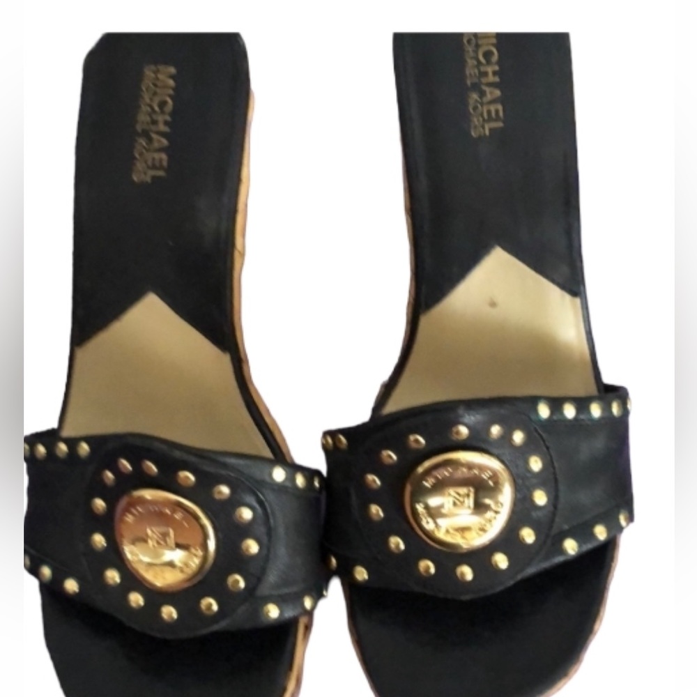 Micheal Kors size 10 black leather with gold studs wicker platform wedge heel